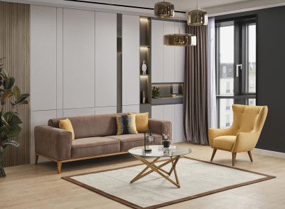 Sofagarnitur Sofa 4 Sitzer Sessel Gelb Stoff Btaun Modern Viersitzer